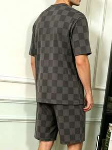 Men's Summer Checkerboard Heart Bear Print Short Sleeve Shorts Comfortable Loungewear - Multicolor - View 4