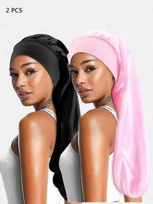 2 piezas Gorro de dormir de satén largo con cinta elástica para mujer, adecuado para uso diario - juego de 2 piezas - Ver 2
