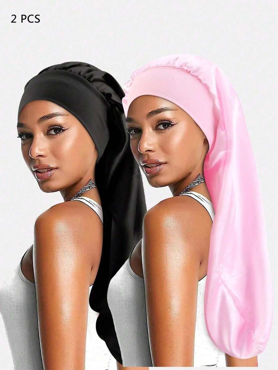 2 piezas Gorro de dormir de satén largo con cinta elástica para mujer, adecuado para uso diario