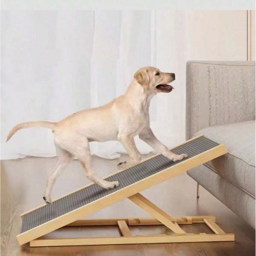 M Size Adjustable Wood Pet Dog Stairs, Ramp Couch Bed Ladder, Non-Slip Pet Ramp - Grey - View 1