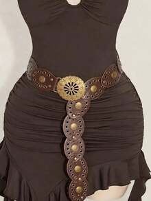 1pc Vintage Western Style Women's Belt, Round Metal Buckle Contrast Color Design, Suitable For Dresses, Jeans, Party, Outdoor, Music Festival, Christmas - Brown Round Floral Button Panel - View 19