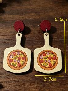 1 Pair Cute Printed Pizza Baking Tray Wooden Slice Earrings, Creative Food Themed Fun Ear Jewelry - Multicolor - View 2