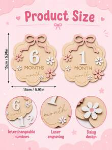 1pc Baby Monthly Milestone Wooden Sign, 1-12 Months Infant Growth Record Photo Prop, Decorated With Pink Bow And Flower - Pink - View 4