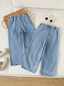 2pcs/Set Spring/Autumn Girls Bow Embroidery Elastic Waist Denim Jeans, Casual Vacation Long Pants For Young Girl - Multicolor - View 2