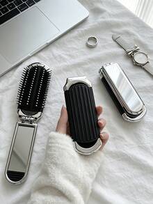 1pc Foldable Air Cushion Massage Comb, Electroplated Silver Color, Personalized Letter A-Z, Pink Bow, Star Pattern, Compact Portable Pocket Comb, Bag Comb, Women's Hair Styling Comb, Suitable As Gift - Silver - View 3