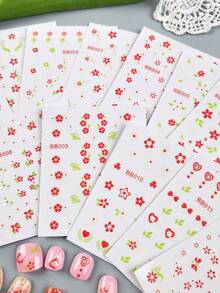 12片森系紅白色花卉美甲貼紙,花朵與綠葉設計,森林主題兒童簡易DIY美甲,適用生日、派對、日常美甲裝飾 - 彩色 - 查看 9