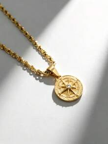 1pc Gold Stainless Steel 18K Gold Plated Twisted Chain With Compass Rhinestone Pendant Necklace, Men's Fashion Style, Suitable For Daily Casual Wear, Decoration, Hip Hop, Street Dance, Party - Gold - View 2