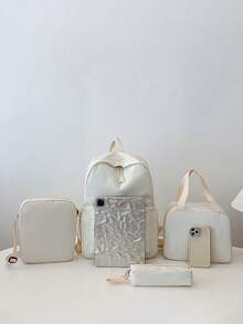 1套開學季極簡休閒背包套裝，背包 + 托特包 + 斜挎包 + 筆袋，大容量附筆電隔層校園背包，純色尼龍學生背包，可調節肩帶，多口袋輕便便攜書包，拉鍊包套裝，適合畢業生/學生/青少年，適用於戶外旅行/國中/高中/大學使用 - 2288 - 查看 3