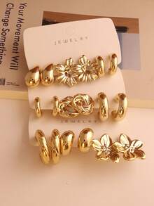 6/18pcs Asymmetrical Geometric C-Shape Floral Classic Earring Set, Fashionable CCB Earrings, Retro Chic Daily Wear Jewelry - Perfect Gift For Party, Date, Holiday - Gold - View 8