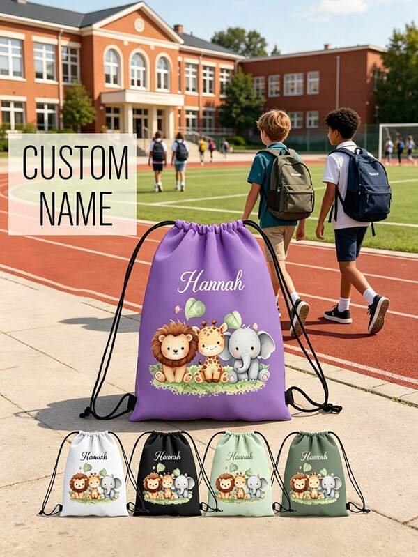Customized Wildlife Zoo Animal Name Drawstring Bag - Personalized Zoo Text Backpack, Suitable For Picnic, Unique Gift Bag, Can Be Used As Birthday Party, Baby Shower Gift And Customized Birthday Gift
