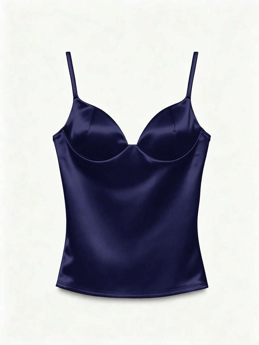 Glossy Fabric Knitted Satin Stretch Cami Sexy Tank Top Casual Summer - Navy Blue - View 1