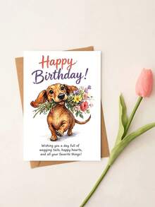 1張「Happy Birthday!」臘腸狗生日卡附信封－水彩臘腸狗與花卉設計－給愛狗人士與朋友的歡快祝福卡－內頁空白 - 查看 7