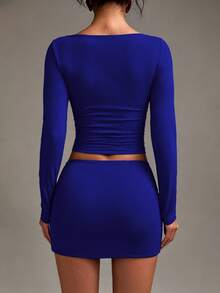 XLLAIS Fashion Ruched Slim Fit Mini Skirt - Dark Blue - View 4