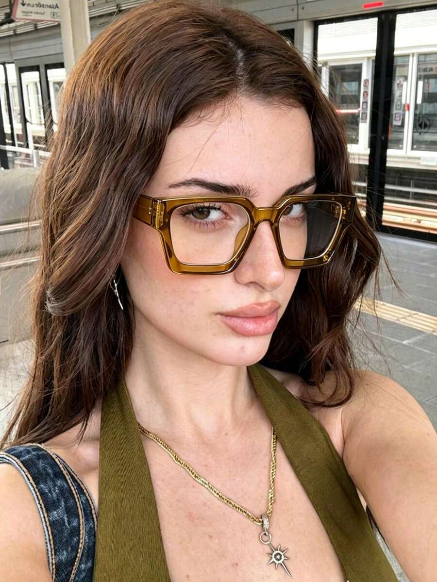 1PC Vintage Square Small Frame Green Women's Plain Lens Glasses, All-Season Versatile All-Match Style, Minimalist Academic Fashion Glasses For Women - Olive Green - View 1