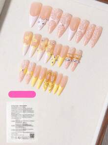 24片奶油白與黃色蕾絲3D花瓣杏仁形穿戴甲，金色漩渦水鑽裝飾，顯手纖長修手假指甲，含果凍膠與指甲锉，適合春季約會、婚禮穿搭、旅行拍照 - 黃色 - 查看 7