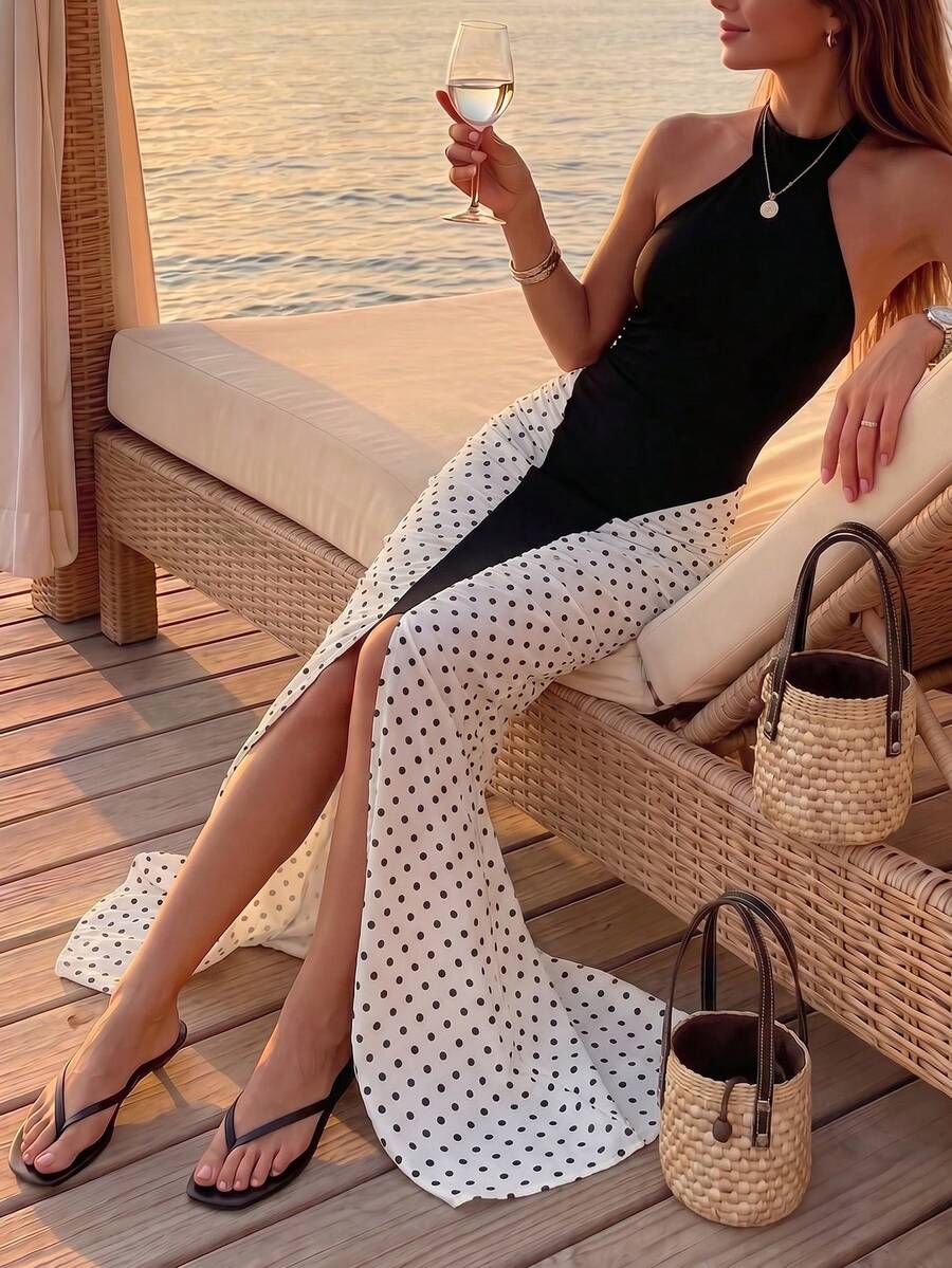 女款黑色露背無袖針織長洋裝，雙色修身喇叭裙擺，美人魚式活動禮服 - 黑與白 - 查看 1