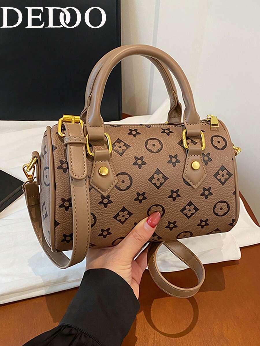 Dedoo 復古印花迷你圓筒手提包，圍巾裝飾，可拆卸肩帶，女款多功能單肩斜挎包