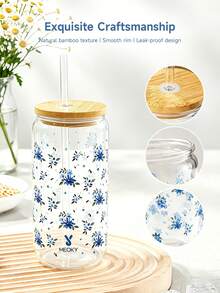 16oz MEOKY Patterned Glass Tumbler With Lid & Straw, Heat-Resistant Borosilicate Cup. Wide Mouth For Ice. Ideal Kitchenware For Home, School & Office Coffee. A Charming Gift For Her. - Dark Blue Small Blue Flower - View 5