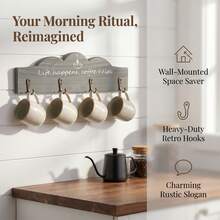 Wall Mounted Coffee Mug Holder With 8 Hooks, Wooden Coffee Cup Rack With Coffee Sign, Space Saving Kitchen Mug Organizer Display Shelf For Kitchen, Bar, Coffee Station - Grey - View 4