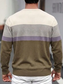 SU ER 1pc Men's Autumn/Winter Casual Striped Knit Sweater - Olive Green - View 8