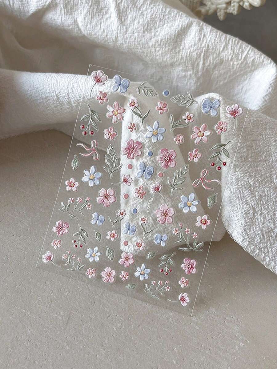 彩色花卉美甲貼紙 3D 花園圖案 自黏背膠 可重複使用 無味 適合女性指甲 - 彩色 - 查看 1