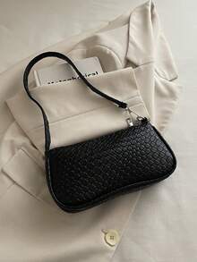 New Vintage Fashion Embossed Woven Texture Baguette Bag, Zipper Closure, Lightweight Minimalist, Solid Color PU Leather Shoulder Underarm Bag - Black - View 5