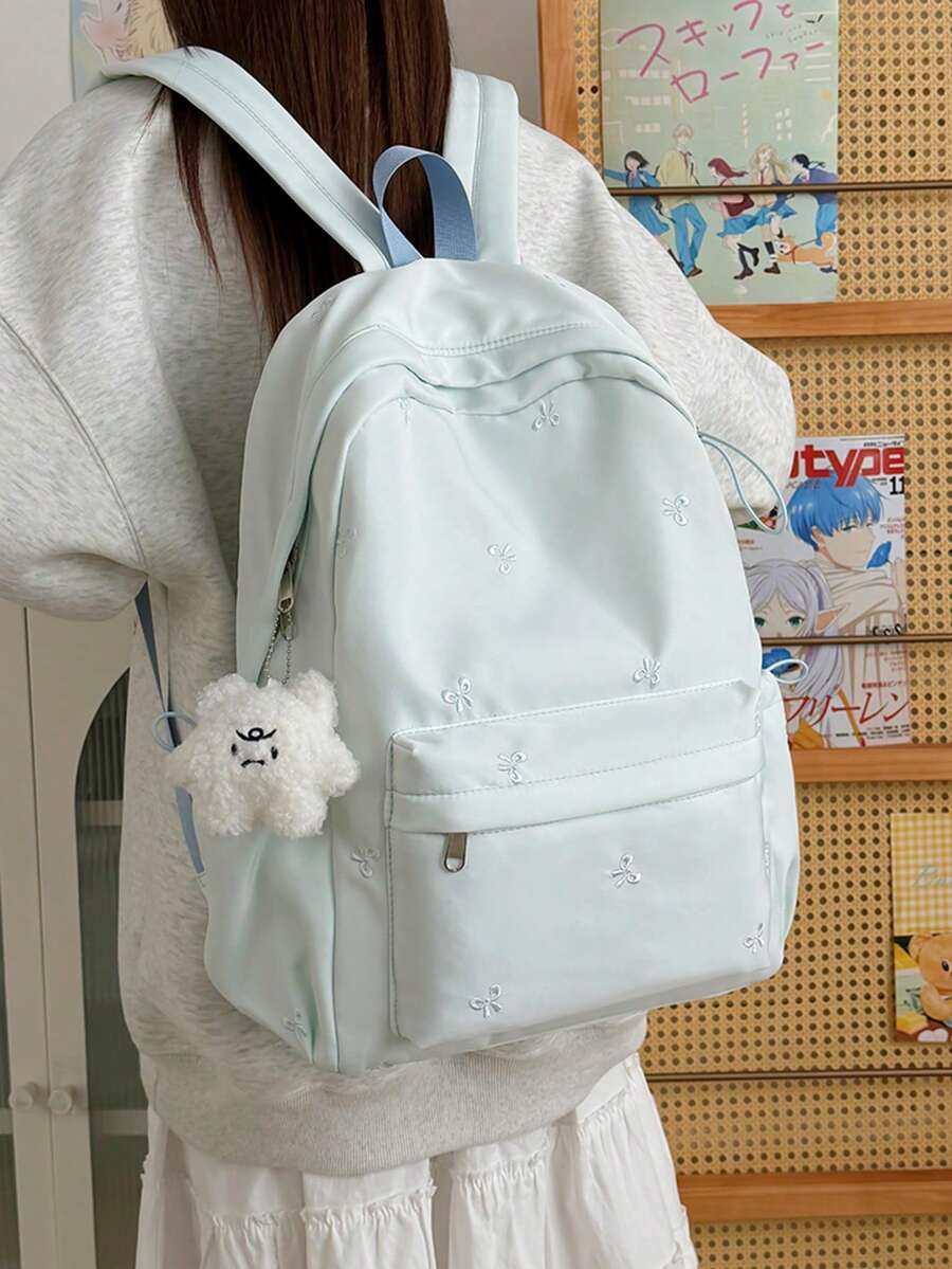 Coquette Style Women's Backpack, Bow Embroidery, Pendant, Large Capacity Multi-Pocket Laptop Bag, Back To School Gift For Teen Girls Travel Essential