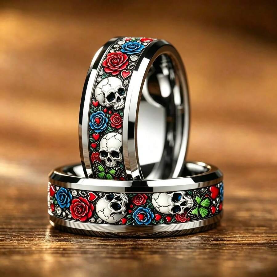 1pc Cyberpunk Red Rose Flower And Skull Ring Gothic Punk Men Stainless Steel Rings No Fade Rock Biker Jewelry Halloween Gift - Silver - View 1