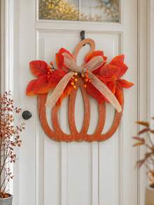1PC Autumn Pumpkin Door Hanging Decor, Thanksgiving Front Door Wreath, Pumpkin Door Sign, Paired With Artificial Maple Leaves, Berries And Burlap Bow, American Farmhouse Style Porch, Wall, Window, Entryway Hanging Decoration, Suitable For Harvest Festival, Seasonal Home Party Decor - Style 1 - View 3