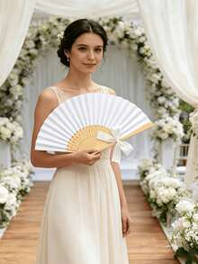12/4 piezas Abanicos de papel blanco/rosa con lazos de cinta de satén blanco, set de múltiples piezas para recuerdos de boda, abanicos de mano para boda, elegantes abanicos de papel plegables blancos, regalos de boda para la novia, abanicos de mano decorativos para damas de honor, accesorios para fotos, decoración de asientos de boda - Multicolor - Ver 9