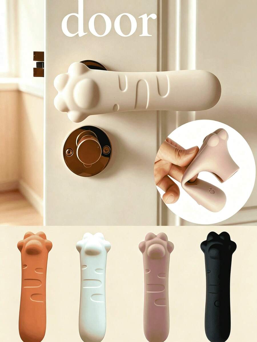 1/4pcs Cute Minimalist Anti-Static High Elastic Silicone Door Handle Protective Covers, 3D Cat Paw Decoration, Non-Slip Cushioning, Suitable For Entry Door, Bathroom And Window Handles, Home Renovation