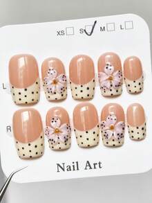 10 piezas de uñas postizas cuadradas con lunares franceses y tallado 3D, estilo Y2K lindo para chicas, versátiles y de alta gama, hechas a mano tipo Ins, para uso diario de mujeres, suministros de arte de uñas - Amarillo - Ver 4