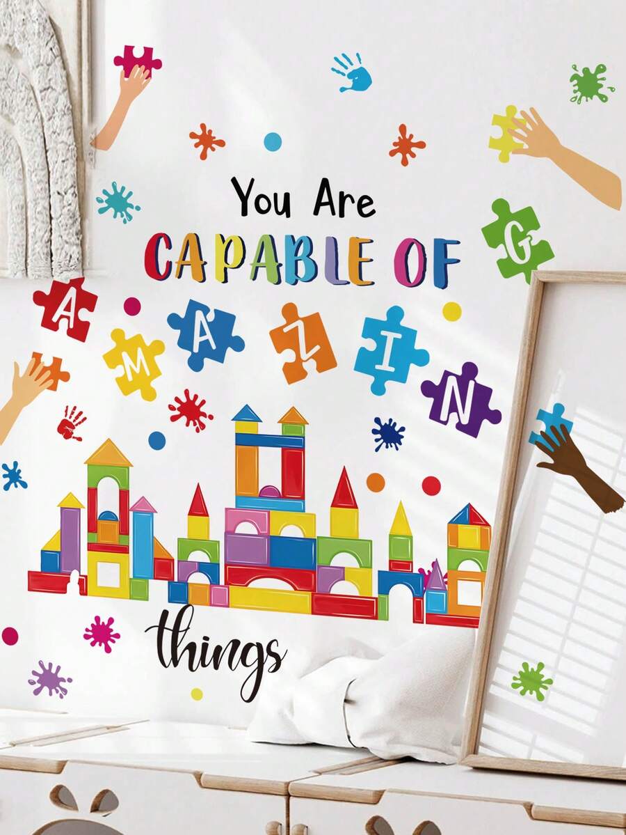 mama look 1pc, 30*120cm, Educational Learning Wall Sticker, Building Blocks Puzzle, Student Reading, Positive Encouragement Quotes, PVC Self-Adhesive Removable Wall Sticker, Suitable For Bedroom, Living Room, Study, Dining Room, Bathroom, Home Wall Decoration, Room Decor, Etc. - Multiple Styles - View 1