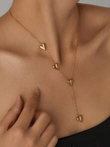 1pc Heart Y-Shaped Pendant Necklace For Women, Stainless Steel Summer Layered Beach Style Necklace, Daily Sweater Accessory Jewelry, Perfect Gift For Valentine's Day, Mother's Day - Yellow Gold - View 6