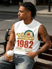 Lonblece Camiseta de tirantes con estampado de números en inglés para hombre, diseño de verano - Blanco - Ver 1