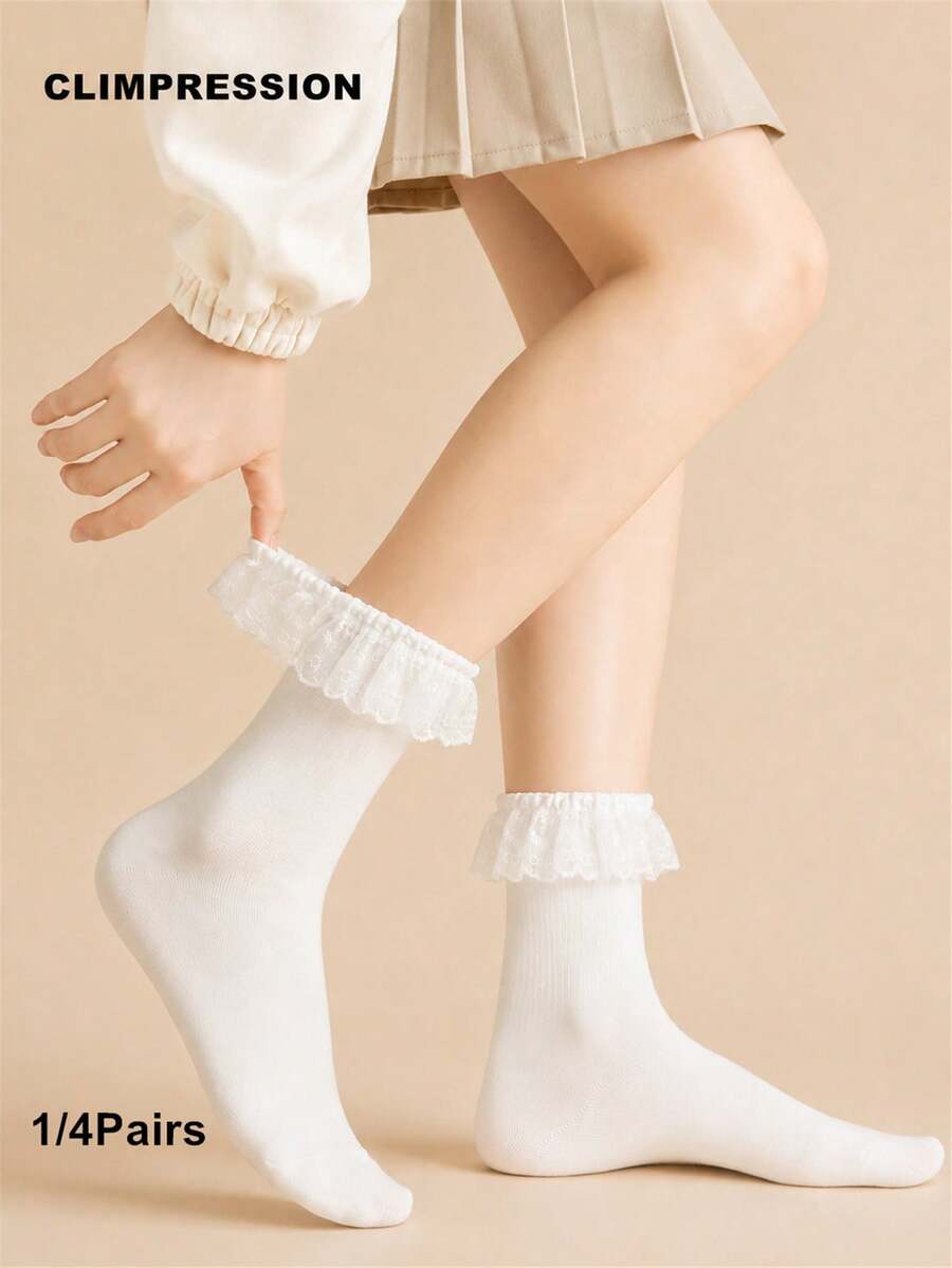 CLIMPRESSION 1/4 Pair Women's White Cute Lace Butterfly Ruffle Ankle Socks, Cute Ruffle Mid-Calf Socks, Suitable For Lolita JK Daily Wear - White - View 1