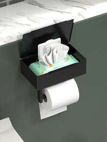 1pc Bathroom Tissue Paper Holder With Shelf, Wet Wipes Storage Rack, Wall-Mounted Toilet Paper Roll Dispenser, Bathroom Accessories - Multicolor - View 7