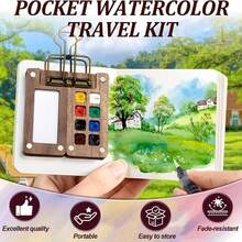 5pcs Mini Acrylic Paint Set, Portable Travel Watercolor Set, 8/15 Grid Palette, Clips, Sketchbook, Brushes, Includes 12 Colors, Wooden Grid Paint Box, Suitable For Painters, Artists - Sets - View 11