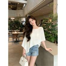 Summer Gentle Slouchy Asymmetrical Knit Top Solid Color Faux Two Pieces/Deconstructed T-Shirt For Evening Date, Daily Wear, Vacation - Apricot - View 2