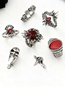 7pcs Halloween Dark Gothic Vintage Punk Skull Rings Set Spider Joint Finger Rings Jewelry - Multi-color 7-piece Set - View 2