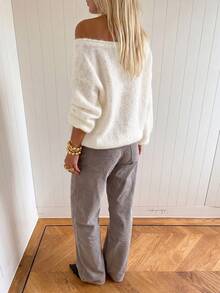 Women's Solid Color Cold Shoulder Knit Pullover, Soft Comfortable Long Sleeve Round Neck Loose Casual Sweater, Suitable For Autumn Daily Wear - White - View 3