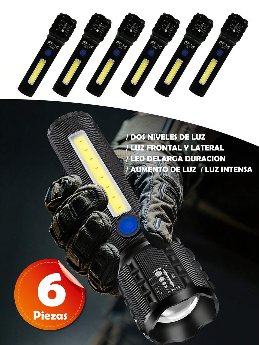 6 Pieces Strong Light LED Flashlight, Multifunctional Portable LED Outdoor Flashlight, With Lithium Battery And High Strength Material, 3 Modes, Multifunctional Zoom Telescopic Light Type-C For Outdoor Use, Suitable For Outdoor Use, Home, Hiking, Cycling, Fishing, Car, Emergency Lighting. - 6 buah - View 1