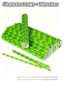 50/25pcs Green Bamboo Pattern Paper Straws - Bamboo Pattern Straws, Suitable For Cocktails, Birthday And Wedding Decorations, Tropical Hawaiian Style Parties; Creative Small Gifts, Summer Decorations And Party Supplies.(Brush Included) - Multicolor - View 12