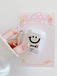 1個極簡笑臉搭配「Good」勵志標語印花透明防摔藍牙耳機保護殼，Ins極簡風附金屬防丟耳機殼掛鉤，時尚耳機配件，適用於耳機殼，快速出貨 #SmileFaceCase #InsAesthetic #MinimalistCase #PositiveQuote #EarbudCase #CuteEarphoneCase #SimpleDesign #GoodSloganCase #AestheticAccessories - 彩色 - 查看 2