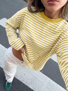 SDNGED Women's Casual Top, Striped Color Block Ribbed Fabric, Everyday Wear Spring/Autumn Yellow - Yellow - View 3
