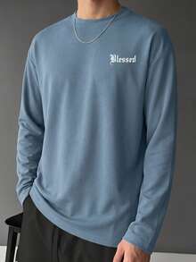 Autumn Light Grey Blue Minimalist Blessed Gothic Small Letter Print Long Sleeve T-Shirt, Simple Solid Color Loose Fit Daily Commute Versatile All-Match Layering Top - Dusty Blue - View 2