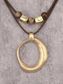 1pc Bohemian Vacation Style Twisted Hollow Water Drop Pendant Double Layer Wax Cord With Brown Round Beads Necklace, Minimalist Fashion Short Sweater Chain, Daily Party Halloween Wear Accessory, Unisex Couple Necklace - Beads - View 8