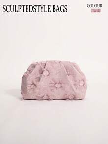 SCULPTEDSTYLE BAGS 1件裝 新鮮閃粉亮片 3D花朵流蘇 壓褶底布料刺繡花朵拼接 PU壓褶雲朵包 時尚亮片晚宴風女款手拿包 休閒度假派對適用（花朵亮片圖案隨機發貨） - 藕粉色 - 查看 11