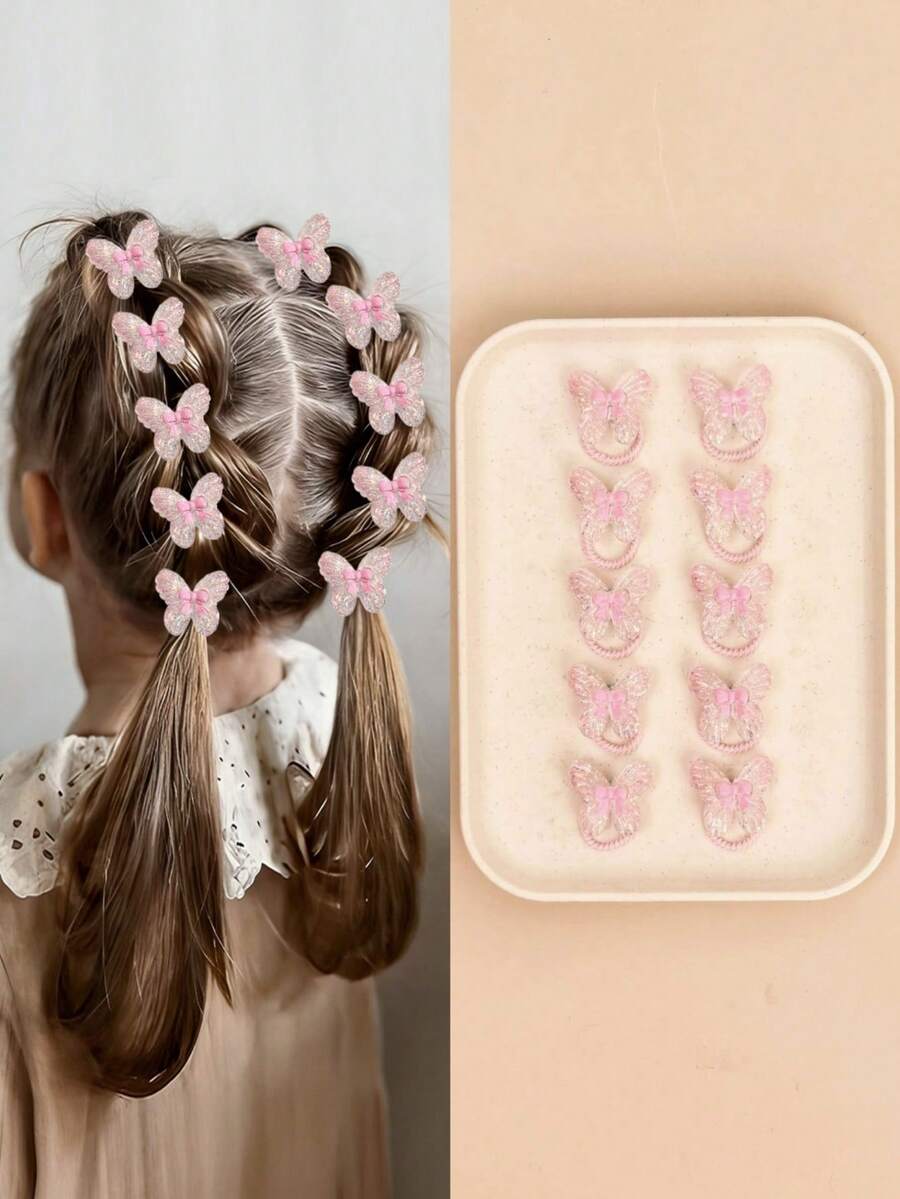 Set de 6 gomas para el pelo finas y elásticas para niña con mariposa 3D de purpurina transparente aleatoria, accesorio versátil, dulce y bonito para uso diario, citas, deportes, escuela y estilo casual - Multicolor - Ver 1