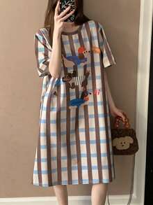 格子印花圆领女士睡袍，休闲轻薄短袖家居服，适合春夏穿着 - 藍色 - 查看 5